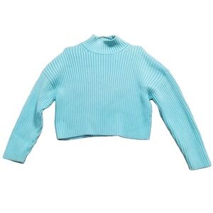 Paris Atelier Sweater Womens Large Blue Boxy Cotton Ribbed Thick Heavy Mock Neck